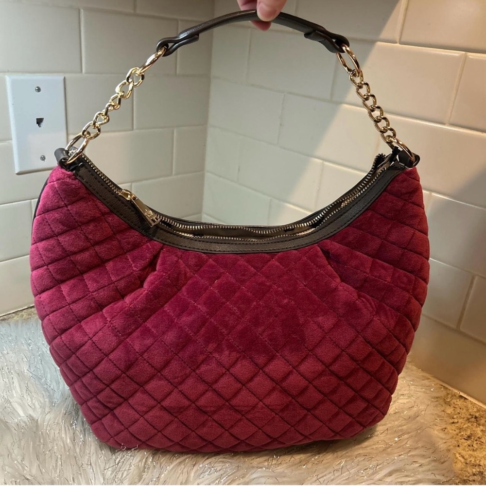 Juicy Couture Bag Purse Burgundy Velvet Quilted Shoulder Bag - Picture 2 of 5